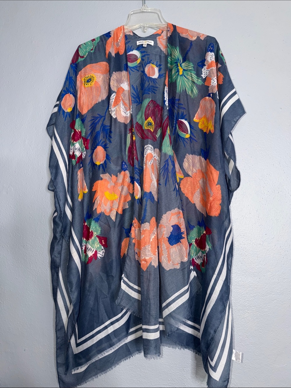 Woven Heart Navy Floral Draped Kimono with Peach, Green & Blue Blooms